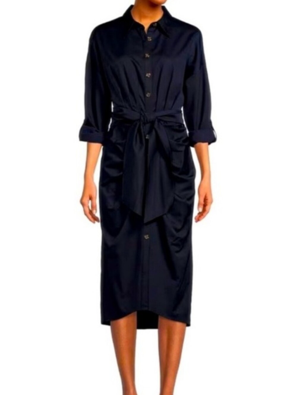 NWT Antonio Melani Roxanne Point Collar Ruched Tie Waist Button Front Dress Sz 0